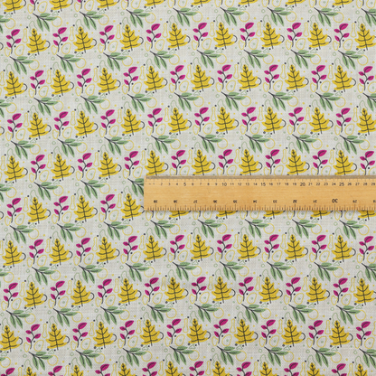 Fabric featuring a whimsical, Scandinavian-style botanical print with rows of tiny yellow oak leaves, magenta sprigs, and green foliage on a light grey linen-textured background.