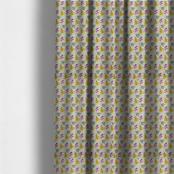 The fabric used to create these made-to-measure curtains is a featuring a whimsical, Scandinavian-style botanical print with rows of tiny yellow oak leaves, magenta sprigs, and green foliage on a light grey linen-textured background.