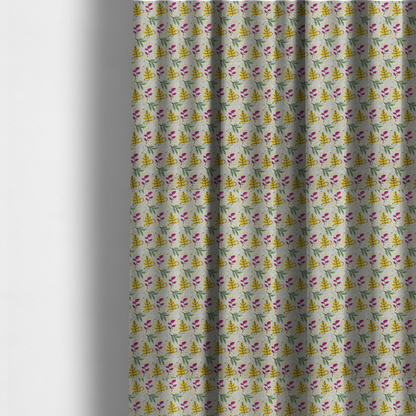 The fabric used to create these made-to-measure curtains is a featuring a whimsical, Scandinavian-style botanical print with rows of tiny yellow oak leaves, magenta sprigs, and green foliage on a light grey linen-textured background.