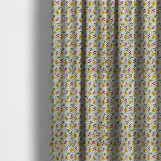 The fabric used to create these made-to-measure curtains is a featuring a whimsical, Scandinavian-style botanical print with rows of tiny yellow oak leaves, magenta sprigs, and green foliage on a light grey linen-textured background.