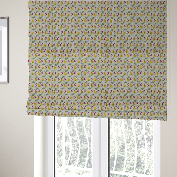 The fabric used to create these Roman blinds is a featuring a whimsical, Scandinavian-style botanical print with rows of tiny yellow oak leaves, magenta sprigs, and green foliage on a light grey linen-textured background.