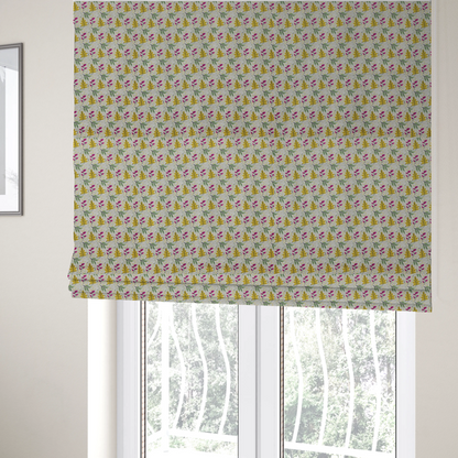 The fabric used to create these Roman blinds is a featuring a whimsical, Scandinavian-style botanical print with rows of tiny yellow oak leaves, magenta sprigs, and green foliage on a light grey linen-textured background.