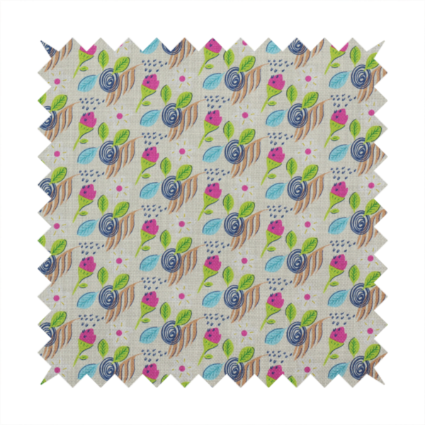 Fabric featuring a whimsical, hand-drawn botanical pattern of small pink flower buds, blue spiral circles, and bright green leaves on a light grey linen-textured background.