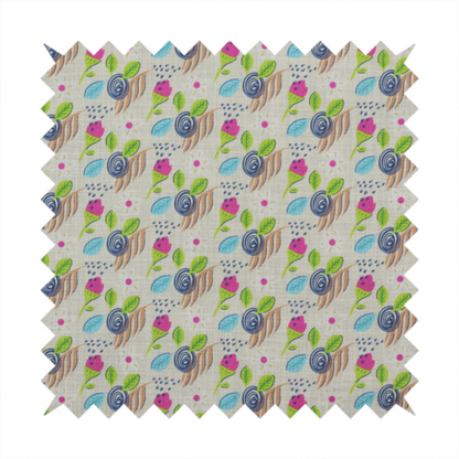 Fabric featuring a whimsical, hand-drawn botanical pattern of small pink flower buds, blue spiral circles, and bright green leaves on a light grey linen-textured background.