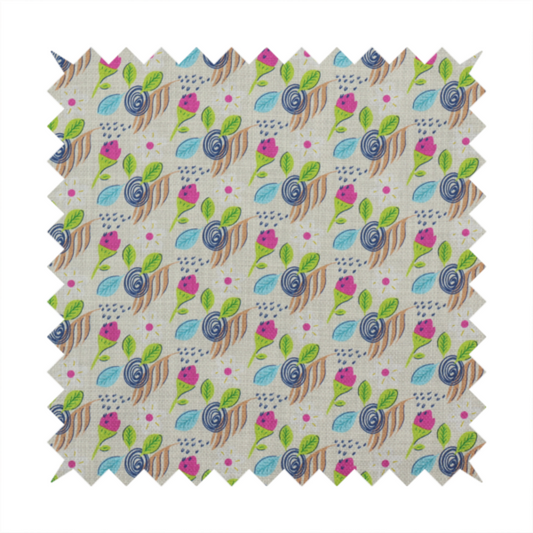 Fabric featuring a whimsical, hand-drawn botanical pattern of small pink flower buds, blue spiral circles, and bright green leaves on a light grey linen-textured background.