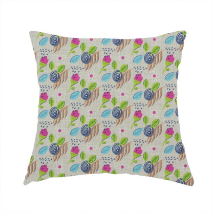 The fabric used to create this handmade cushion is a featuring a whimsical, hand-drawn botanical pattern of small pink flower buds, blue spiral circles, and bright green leaves on a light grey linen-textured background.
