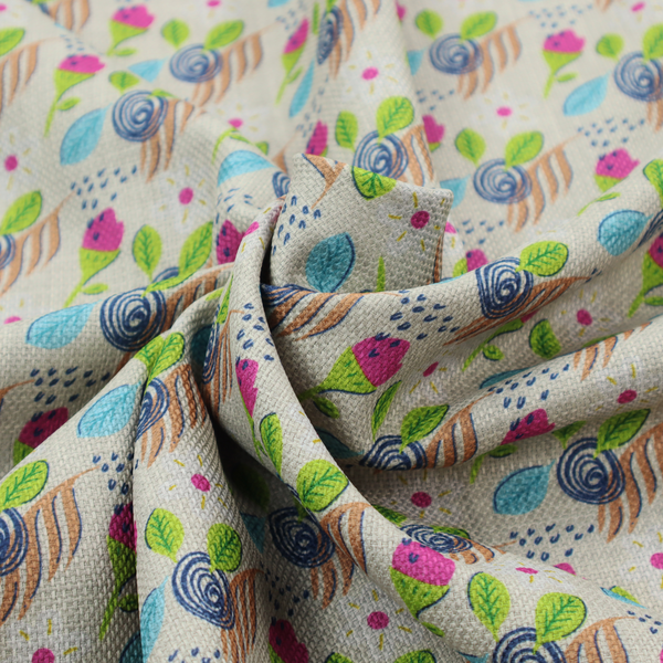 Fabric featuring a whimsical, hand-drawn botanical pattern of small pink flower buds, blue spiral circles, and bright green leaves on a light grey linen-textured background.