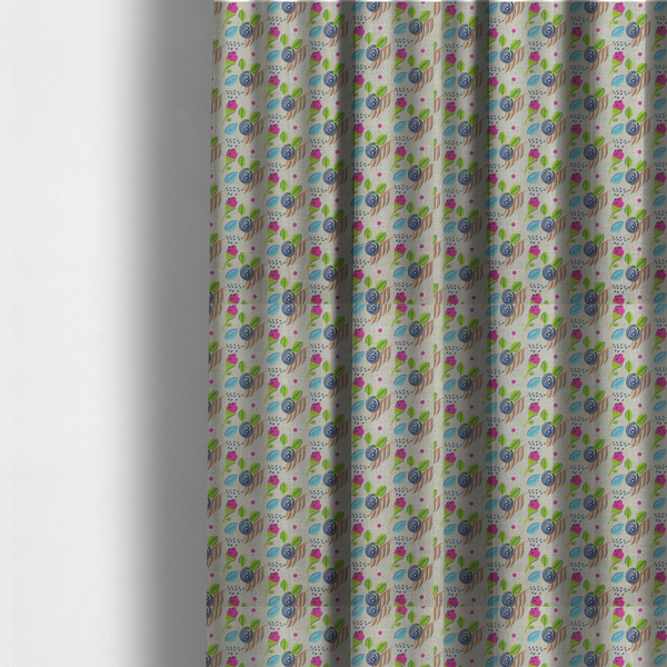 The fabric used to create these made-to-measure curtains is a featuring a whimsical, hand-drawn botanical pattern of small pink flower buds, blue spiral circles, and bright green leaves on a light grey linen-textured background.
