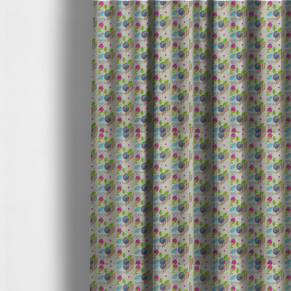 The fabric used to create these made-to-measure curtains is a featuring a whimsical, hand-drawn botanical pattern of small pink flower buds, blue spiral circles, and bright green leaves on a light grey linen-textured background.