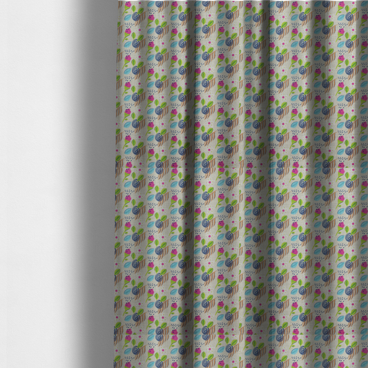 The fabric used to create these made-to-measure curtains is a featuring a whimsical, hand-drawn botanical pattern of small pink flower buds, blue spiral circles, and bright green leaves on a light grey linen-textured background.