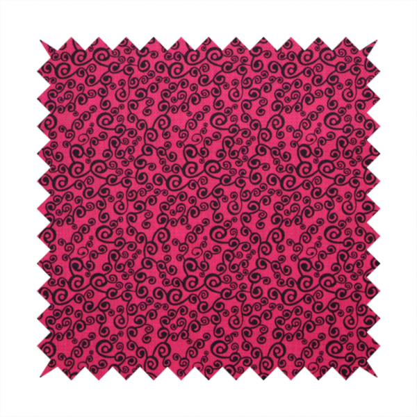 Fabric featuring a dense, repeating abstract pattern of intricate black swirls, scrolls, and curly tendrils tightly packed across a vibrant magenta pink background.