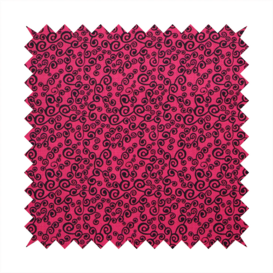 Fabric featuring a dense, repeating abstract pattern of intricate black swirls, scrolls, and curly tendrils tightly packed across a vibrant magenta pink background.