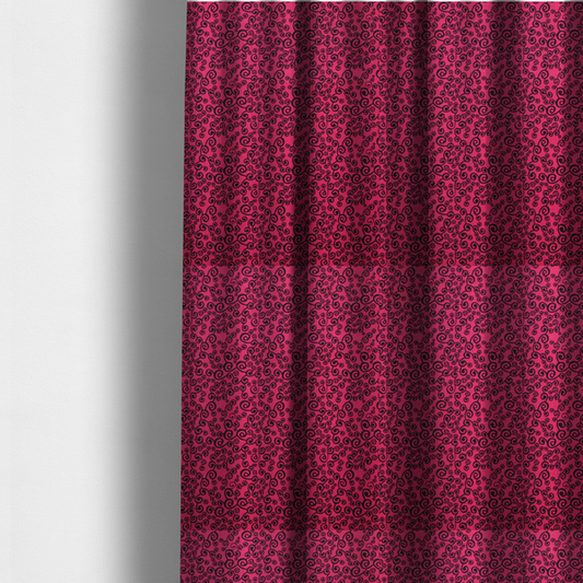 The fabric used to create these made-to-measure curtains is a featuring a dense, repeating abstract pattern of intricate black swirls, scrolls, and curly tendrils tightly packed across a vibrant magenta pink background.