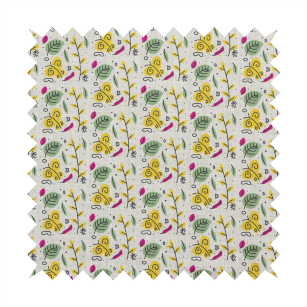 Fabric featuring a whimsical, Scandinavian-style botanical print with rows of tiny yellow butterflies, leafy green foliage, and magenta accents on a light grey linen-textured background.