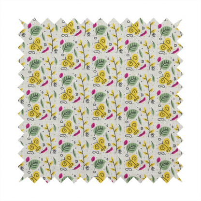 Fabric featuring a whimsical, Scandinavian-style botanical print with rows of tiny yellow butterflies, leafy green foliage, and magenta accents on a light grey linen-textured background.