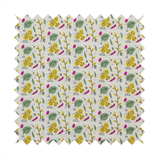 Fabric featuring a whimsical, Scandinavian-style botanical print with rows of tiny yellow butterflies, leafy green foliage, and magenta accents on a light grey linen-textured background.