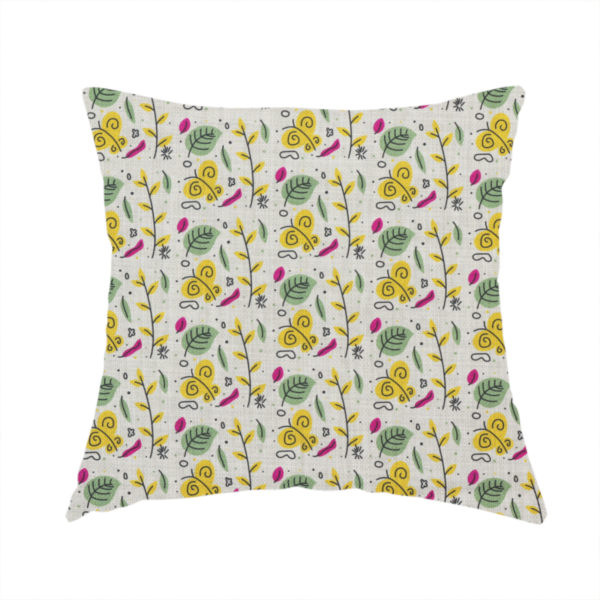 The fabric used to create this handmade cushion is a featuring a whimsical, Scandinavian-style botanical print with rows of tiny yellow butterflies, leafy green foliage, and magenta accents on a light grey linen-textured background.