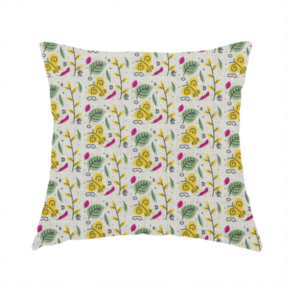 The fabric used to create this handmade cushion is a featuring a whimsical, Scandinavian-style botanical print with rows of tiny yellow butterflies, leafy green foliage, and magenta accents on a light grey linen-textured background.