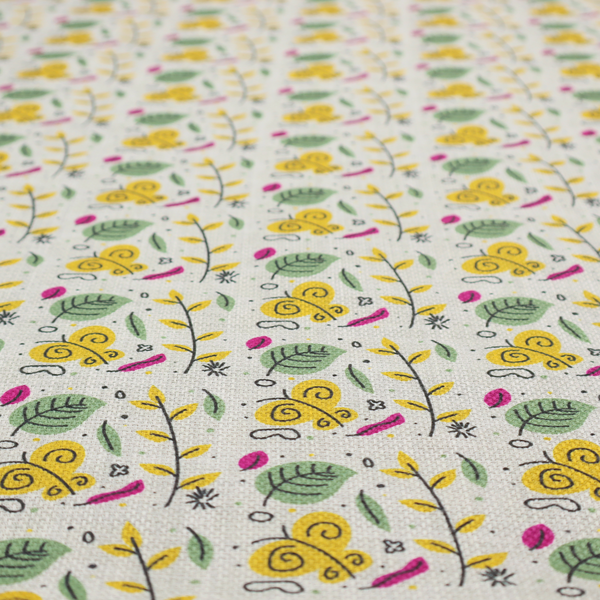 Fabric featuring a whimsical, Scandinavian-style botanical print with rows of tiny yellow butterflies, leafy green foliage, and magenta accents on a light grey linen-textured background.