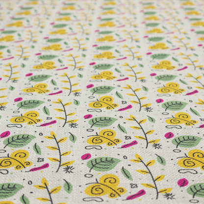 Fabric featuring a whimsical, Scandinavian-style botanical print with rows of tiny yellow butterflies, leafy green foliage, and magenta accents on a light grey linen-textured background.