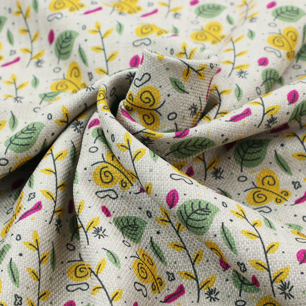 Fabric featuring a whimsical, Scandinavian-style botanical print with rows of tiny yellow butterflies, leafy green foliage, and magenta accents on a light grey linen-textured background.