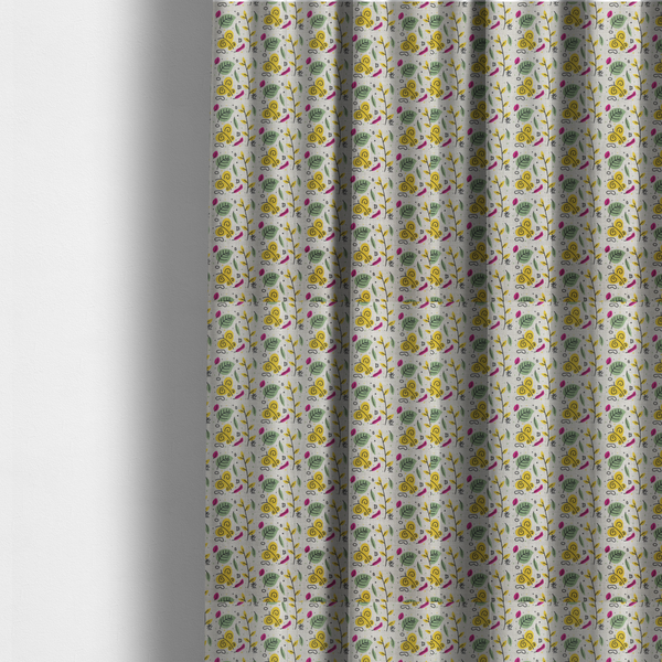 The fabric used to create these made-to-measure curtains is a featuring a whimsical, Scandinavian-style botanical print with rows of tiny yellow butterflies, leafy green foliage, and magenta accents on a light grey linen-textured background.