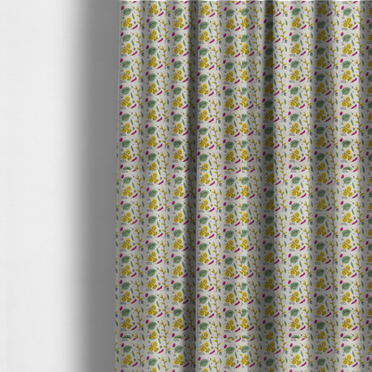 The fabric used to create these made-to-measure curtains is a featuring a whimsical, Scandinavian-style botanical print with rows of tiny yellow butterflies, leafy green foliage, and magenta accents on a light grey linen-textured background.
