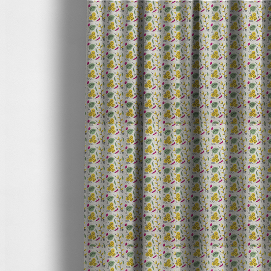 The fabric used to create these made-to-measure curtains is a featuring a whimsical, Scandinavian-style botanical print with rows of tiny yellow butterflies, leafy green foliage, and magenta accents on a light grey linen-textured background.