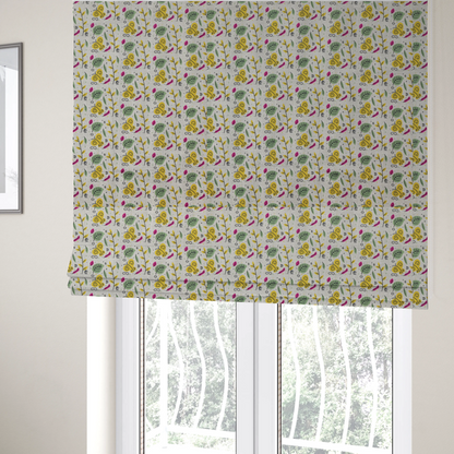 The fabric used to create these Roman blinds is a featuring a whimsical, Scandinavian-style botanical print with rows of tiny yellow butterflies, leafy green foliage, and magenta accents on a light grey linen-textured background.