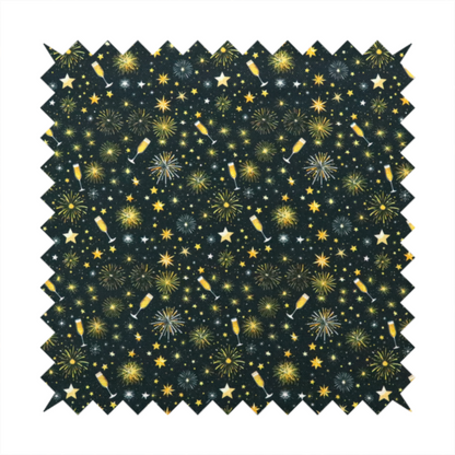Fabric featuring a festive celebration print with an all-over micro pattern of golden champagne glasses, bursting fireworks, and twinkling stars on a deep black background.
