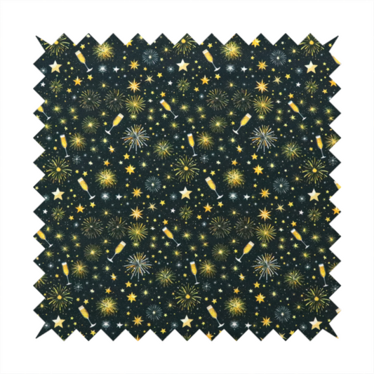 Fabric featuring a festive celebration print with an all-over micro pattern of golden champagne glasses, bursting fireworks, and twinkling stars on a deep black background.