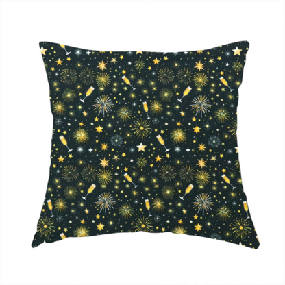 The fabric used to create this handmade cushion is a featuring a festive celebration print with an all-over micro pattern of golden champagne glasses, bursting fireworks, and twinkling stars on a deep black background.