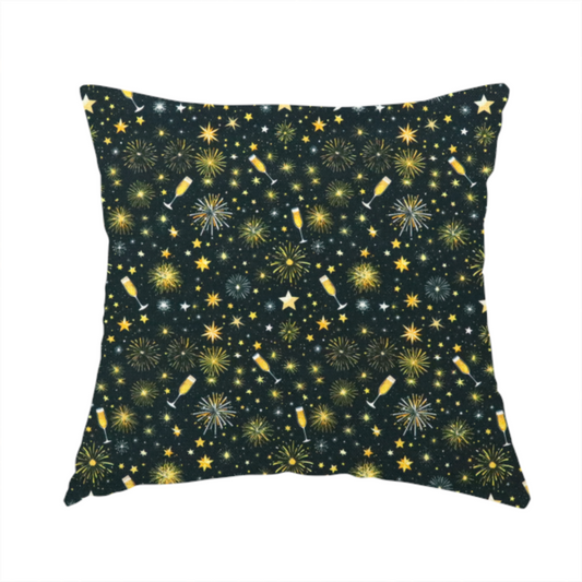 The fabric used to create this handmade cushion is a featuring a festive celebration print with an all-over micro pattern of golden champagne glasses, bursting fireworks, and twinkling stars on a deep black background.