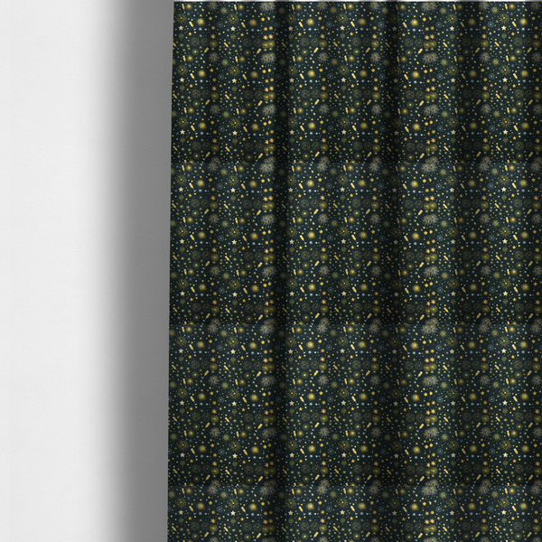 The fabric used to create these made-to-measure curtains is a featuring a festive celebration print with an all-over micro pattern of golden champagne glasses, bursting fireworks, and twinkling stars on a deep black background.