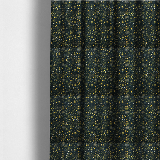 The fabric used to create these made-to-measure curtains is a featuring a festive celebration print with an all-over micro pattern of golden champagne glasses, bursting fireworks, and twinkling stars on a deep black background.