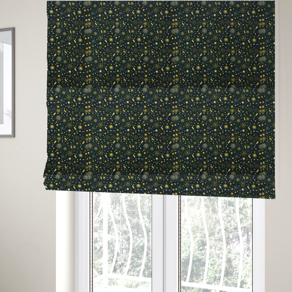 The fabric used to create these Roman blinds is a featuring a festive celebration print with an all-over micro pattern of golden champagne glasses, bursting fireworks, and twinkling stars on a deep black background.