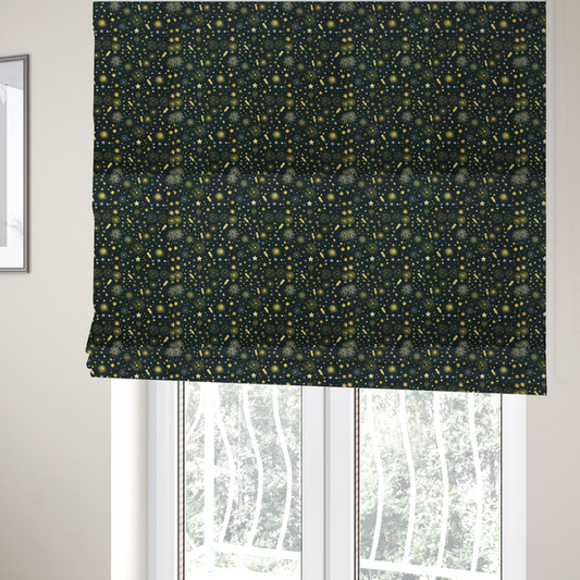 The fabric used to create these Roman blinds is a featuring a festive celebration print with an all-over micro pattern of golden champagne glasses, bursting fireworks, and twinkling stars on a deep black background.