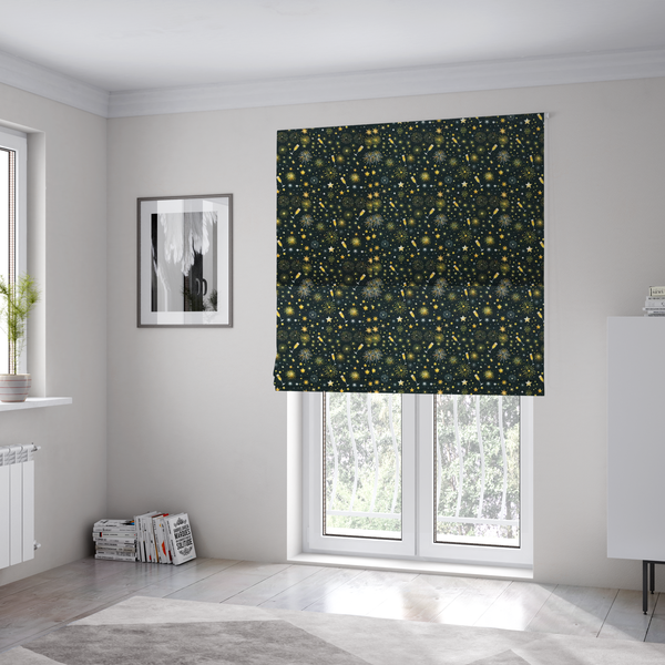 The fabric used to create these Roman blinds is a featuring a festive celebration print with an all-over micro pattern of golden champagne glasses, bursting fireworks, and twinkling stars on a deep black background.