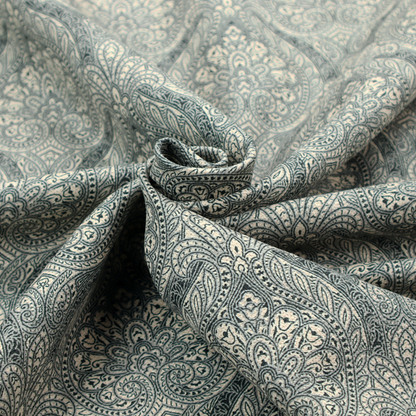 An intricate, repeating damask and paisley design.
