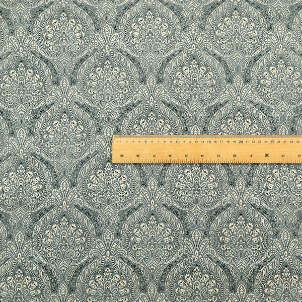 An intricate, repeating damask and paisley design.
