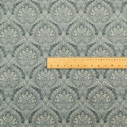 An intricate, repeating damask and paisley design.