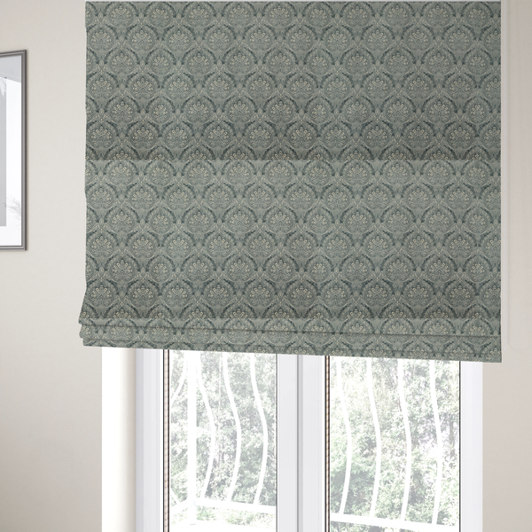 The fabric used to create these Roman blinds is a intricate, repeating damask and paisley design.