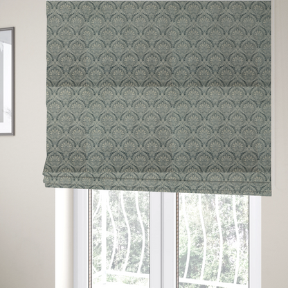 The fabric used to create these Roman blinds is a intricate, repeating damask and paisley design.
