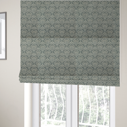 The fabric used to create these Roman blinds is a intricate, repeating damask and paisley design.