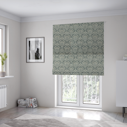 The fabric used to create these Roman blinds is a intricate, repeating damask and paisley design.