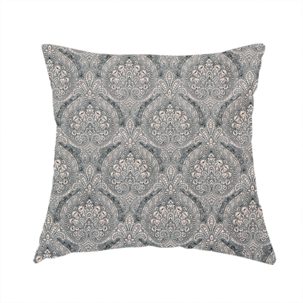 The fabric used to create these handmade cushions is a  intricate, repeating damask and paisley design on fabric, featuring elegant, symmetrical motifs.