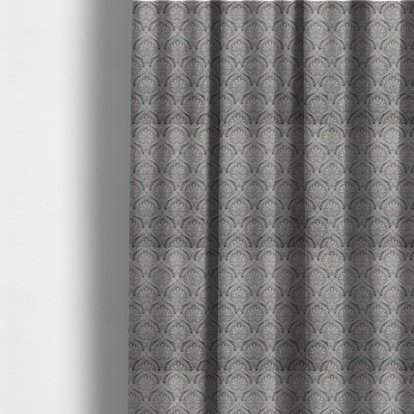 The fabric used to create these made-to-measure curtains is a intricate, repeating damask and paisley design on fabric, featuring elegant, symmetrical motifs.