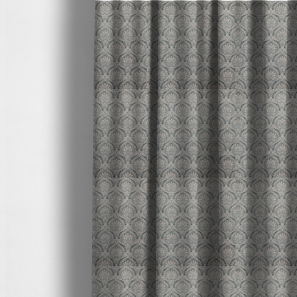 The fabric used to create these made-to-measure curtains is a intricate, repeating damask and paisley design on fabric, featuring elegant, symmetrical motifs.