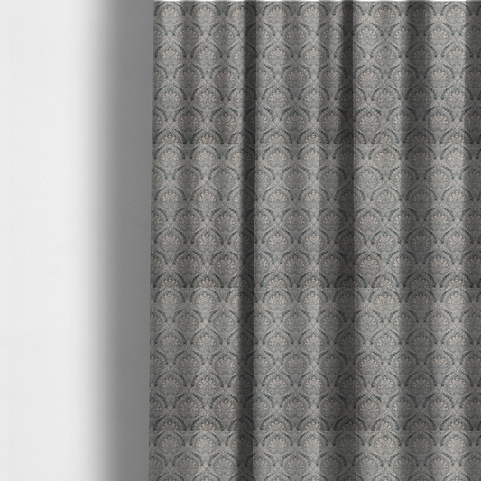 The fabric used to create these made-to-measure curtains is a intricate, repeating damask and paisley design on fabric, featuring elegant, symmetrical motifs.
