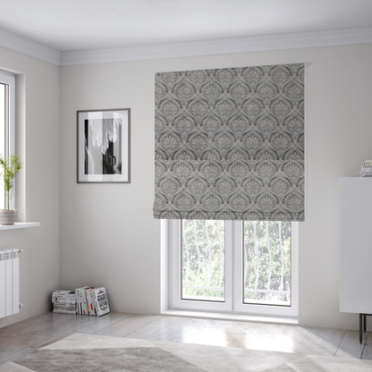 The fabric used to create these Roman blinds is a intricate, repeating damask and paisley design on fabric, featuring elegant, symmetrical motifs.